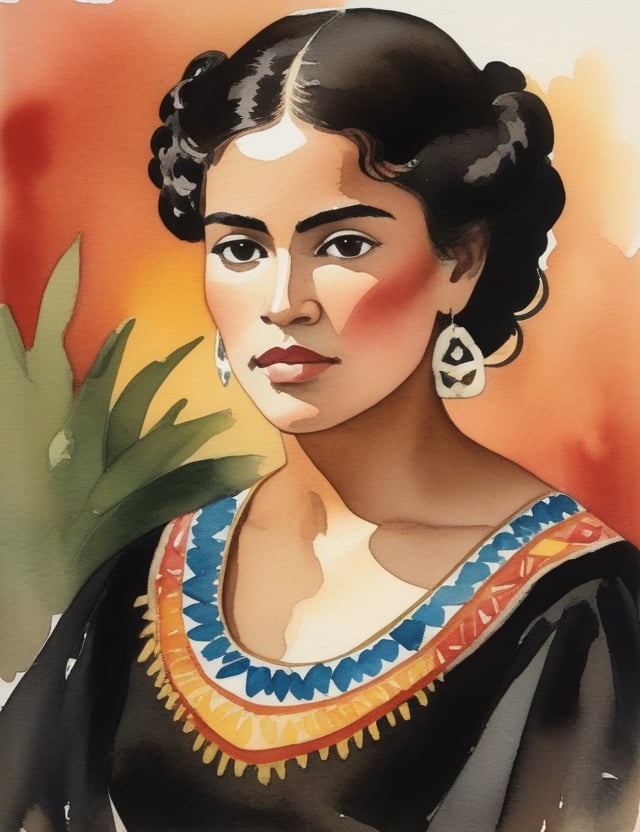 "Craft an exquisite 4K watercolor painting portraying the allure of a Mexican woman. Pay meticulous attention to details, depicting her warm, bronzed complexion, short, curly black hair, and a simple black dress. The composition should feature a frontal, close-up view of her face. Strive for extreme details inspired by artists like Diego Rivera, Frida Kahlo, and Winslow Homer."

