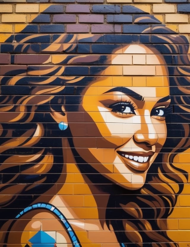 Create a captivating mural on a brick wall, portraying a beautiful 20-year-old Ecuadorian woman with a caramel skin tone, long, freely flowing curly hair, and a look of happiness in her gaze. Focus on a close-up of her face, intricately capturing details using the texture of bricks. Draw inspiration from the vibrant brick murals of Eduardo Kobra, the urban brick art of Blek le Rat, and the mosaic brick works of Invader. Craft a superior brick wall artwork that seamlessly blends these influences into an outstanding portrayal.

