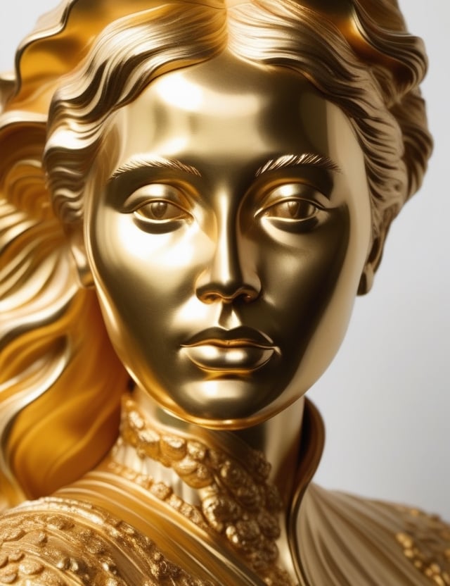 Craft an opulent gold sculpture, portraying a 40-year-old Russian woman with straight and slightly wavy hair. Focus on a close-up of her face, intricately capturing details in the style of gold sculptures. Draw inspiration from the gold sculptures of Marc Quinn, the golden works of Damien Hirst, and the refined style of Francesco Jerace in sculpture. Create a superior gold sculpture that seamlessly blends these influences into an outstanding portrayal.

