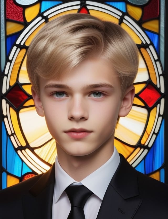 Envision the luminosity of stained glass artistry depicting a 15-year-old Russian boy. His fair complexion serves as a radiant backdrop, harmonizing with short, straight, blonde hair. In this close-up, the brilliance of a glossy black suit complements his youthful features. Illuminate the intricate details of his smooth, short hair, emphasizing the subtleties in his eyes. Convey the cultural essence through the interplay of radiant hues, capturing the purity and sophistication of Russian heritage within the captivating medium of stained glass.

