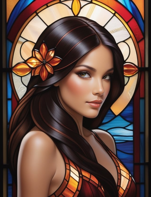 Craft the radiance of stained glass artistry portraying a beautiful, cinnamon-toned maiden in her twenties. Her long, sleek, black hair cascades gracefully, complementing the rich, cinnamon complexion. In this close-up, the interplay of hues captures the essence of her allure. Illuminate the intricate details of her smooth, long hair, highlighting the subtleties in her eyes. Convey the captivating beauty through the vibrant tones, allowing the medium of stained glass to showcase the grace and elegance of this young woman.

