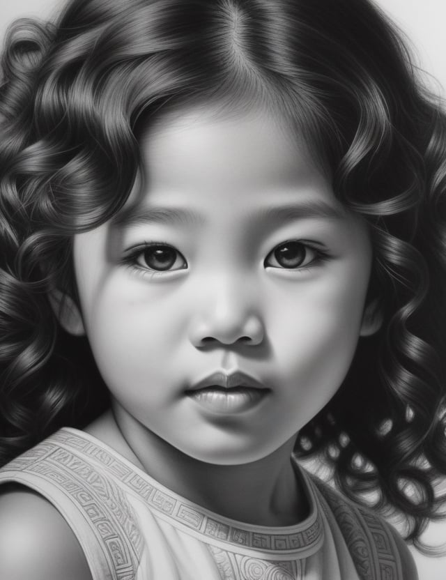 Create an intricate black and white pencil drawing artwork, portraying a 5-year-old Asian child with curly hair. Focus on a close-up of the child's face, intricately capturing details in the style of black and white pencil drawing. Draw inspiration from the intricate details in pencil portraits by Diego Fazio, the expressiveness and realism in black and white portrait drawings by Paul Lung, and the unique style of Morgan Davidson in pencil portraits. Craft a superior black and white pencil drawing that seamlessly blends these influences into an outstanding portrayal.

