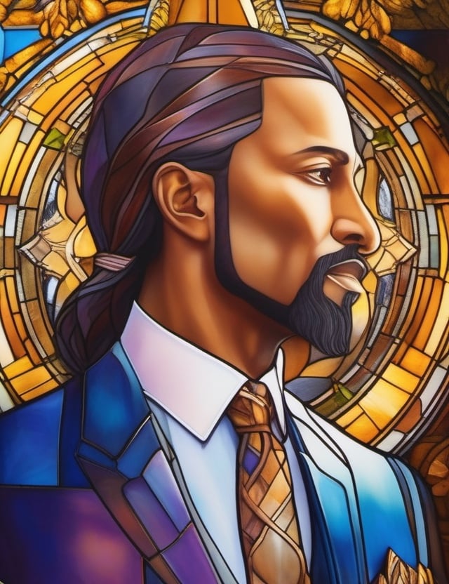 Evoke the beauty of stained glass artistry in portraying a 40-year-old man of Brazilian heritage. His sleek, caramel-colored, straight hair complements a face adorned with a rich, dark tan. In this close-up, the luminosity of a dazzling white suit enhances his refined appearance. Illuminate the intricacies of his smooth hair, capturing the nuances in his eyes, and convey the cultural essence through the interplay of radiant hues. Each stroke must articulate the essence of Brazilian warmth and elegance within the captivating medium of stained glass.

