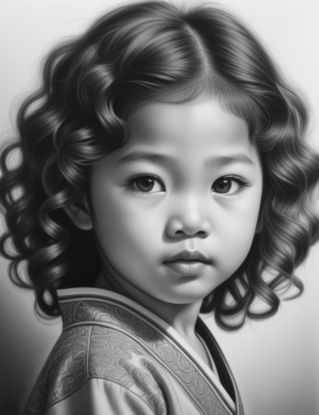 Create an intricate black and white pencil drawing artwork, portraying a 5-year-old Asian child with curly hair. Focus on a close-up of the child's face, intricately capturing details in the style of black and white pencil drawing. Draw inspiration from the intricate details in pencil portraits by Diego Fazio, the expressiveness and realism in black and white portrait drawings by Paul Lung, and the unique style of Morgan Davidson in pencil portraits. Craft a superior black and white pencil drawing that seamlessly blends these influences into an outstanding portrayal.

