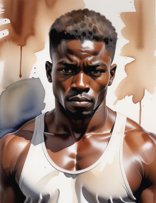 "Create a powerful 4K watercolor painting featuring an African man. Pay meticulous attention to details, highlighting his rich black skin tone, full lips, and muscular physique without a shirt. Focus on conveying emotion through his gaze. Keep the background simple. Aim for extreme details reminiscent of artists like Edoardo Gellner, Charles Demuth, and Elizabeth Peyton. Additionally, edit the final image using Adobe Premiere for an enhanced visual experience."

