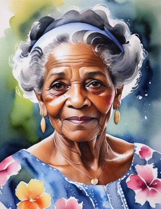 Create a vivid watercolor painting featuring an elderly Brazilian woman, around 70 years old. Emphasize her rich, dark skin tone and gracefully curled, gray hair. The focal point should be a close-up of her face, capturing the beauty of her aged features. She wears a floral dress that complements the vibrancy of the watercolor medium, highlighting the essence of her cultural heritage.

