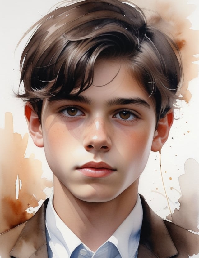 Capture the unique essence of a 15-year-old Dutch boy with rich, ebony skin, tightly coiled black hair, caramel-colored eyes, and dressed in a luminous, glossy brown suit. Zoom in for a close-up of his face, immersing in the intricate details. Channel the aquarelle finesse of Thomas W. Schaller, infuse the emotional depth seen in Agnes Cecile's close-ups, and incorporate the vivid expressiveness of Alvaro Castagnet's watercolor portraits. Deliver a superior watercolor masterpiece that seamlessly blends these influences into an exceptional portrayal.

