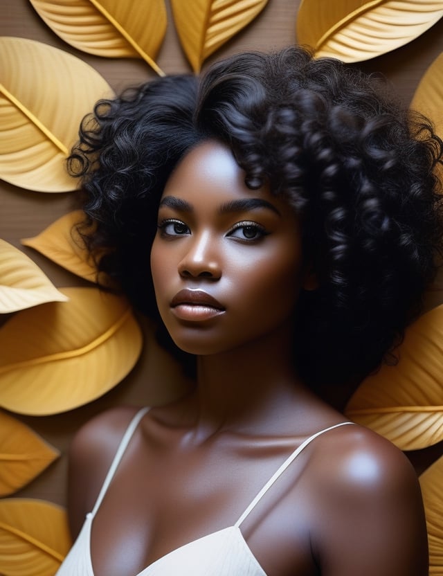 Create a breathtaking artwork using tree leaves, portraying a beautiful 30-year-old Brazilian woman with rich black skin, short, freely flowing curly hair, and a look of sadness in her gaze. Focus on a close-up of her face, intricately capturing details using leaves. Draw inspiration from the intricate leaf sculptures of Lorenzo Durán, the leaf artistry of Cathy Miles, and the leaf works of Kanako Abe. Craft a superior leaf artwork that seamlessly blends these influences into an outstanding portrayal.

