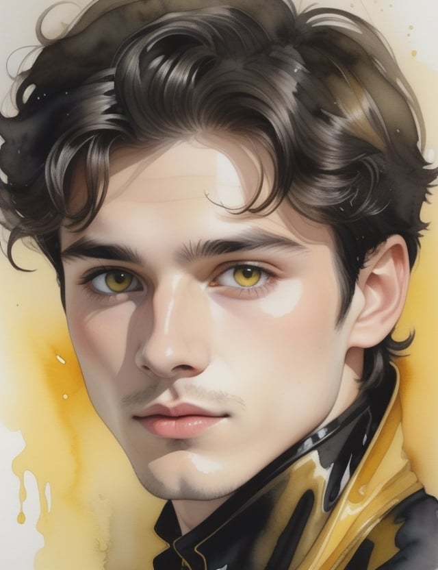 Illuminate the youthful vibrance of a 19-year-old Austrian man with fair skin, straight black hair, deep black eyes, and adorned in a luminous, glossy yellow suit. Focus on a close-up of his face, diving into the intricate details. Channel the aquarelle finesse of Birgit O'Connor, infuse the fantastical expressiveness seen in Stephanie Law's close-ups, and incorporate the refined portraiture style of Joseph Zbukvic's watercolor works. Deliver a superior watercolor masterpiece that seamlessly blends these influences into an exceptional portrayal.

