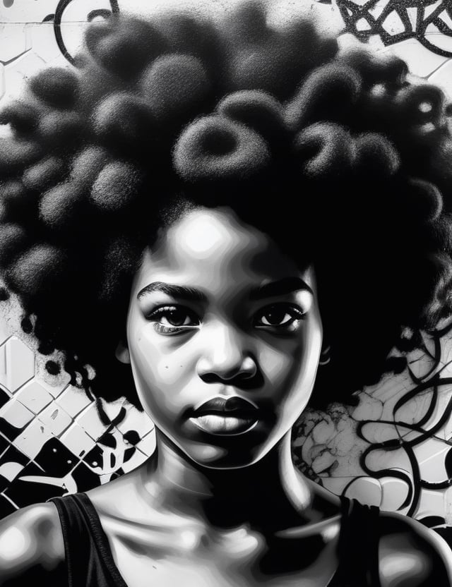 Create a captivating black and white wall splash artwork, portraying a 10-year-old African girl with straight and curly hair. Focus on a close-up of her face, intricately capturing details in the style of wall splashes. Draw inspiration from the black and white wall splash works of Ian Ross, the monochromatic mural art of Eduardo Kobra, and the distinctive style of Vhils in urban art. Craft a superior wall splash artwork that seamlessly blends these influences into an outstanding portrayal.

