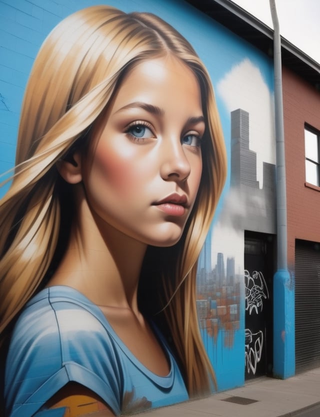 Create a captivating graphite mural on a wall featuring a 15-year-old Argentine girl with fair skin, long, straight blonde hair. Focus on a close-up of her face, bringing out intricate details. Draw inspiration from the expressive style of Rone's art, the vibrant color palette of INTI's wall graffiti, and the storytelling approach seen in Fintan Magee's urban murals. Craft a superior wall mural that seamlessly blends these influences into an outstanding portrayal.

