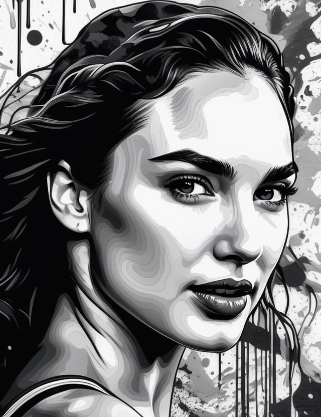 Create a captivating black and white wall splash artwork, portraying a close-up of the face of actress Gal Gadot. Intricately capture details in the style of wall splashes, focusing on the dynamic features of her expression. Draw inspiration from the black and white wall splash works of Ian Ross, the monochromatic mural art of Eduardo Kobra, and the distinctive style of Vhils in urban art. Craft a superior wall splash artwork that seamlessly blends these influences into an outstanding portrayal of Gal Gadot.

