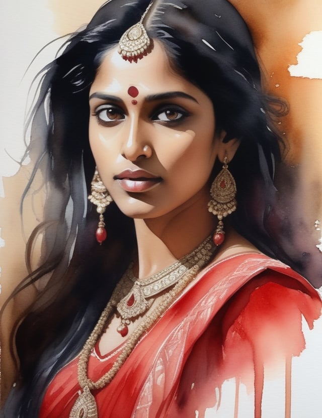 "Create a mesmerizing 4K watercolor painting capturing the exquisite beauty of an Indian woman. Focus on intricate details, portraying her caramelo skin tone, long straight black hair, and a radiant red dress. The composition should be a frontal, close-up view of her face. Ensure the final artwork reflects the level of detail seen in works by artists like John Singer Sargent, Agnes Cecile, and Raja Ravi Varma."


