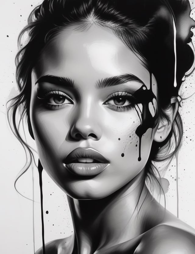 Create an intricate black and white splash painting artwork, portraying a beautiful 20-year-old Venezuelan woman with full lips and caramel skin. Focus on a close-up of her face, intricately capturing details in the style of black and white splash art. Draw inspiration from the dynamic and expressive works of Kim Krans in black and white splash art, the details and subtlety in black and white splash creations by Agnes Cecile, and the originality and harmony in black and white splash art by Marion Bolognesi. Craft a superior black and white splash painting that seamlessly blends these influences into an outstanding portrayal.

