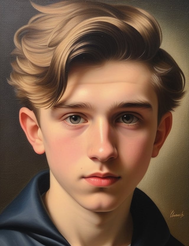 Create a captivating fusion of oil painting and isometric art on a canvas, depicting a 15-year-old Swiss boy with fair skin, short, coiled hair. Focus on a close-up of his face, intricately capturing details. Draw inspiration from the mastery of Rembrandt's oil paintings, the playful isometric compositions of eBoy, and the emotive quality of Ivan Kramskoi's oil portraits. Craft a superior artwork that seamlessly blends these influences into an outstanding portrayal.

