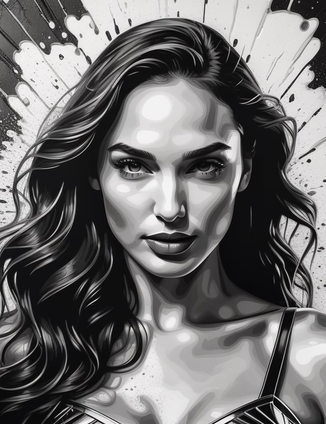 Create a captivating black and white wall splash artwork, portraying a close-up of the face of actress Gal Gadot. Intricately capture details in the style of wall splashes, focusing on the dynamic features of her expression. Draw inspiration from the black and white wall splash works of Ian Ross, the monochromatic mural art of Eduardo Kobra, and the distinctive style of Vhils in urban art. Craft a superior wall splash artwork that seamlessly blends these influences into an outstanding portrayal of Gal Gadot.

