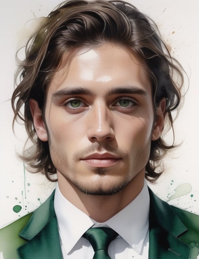 Capture the essence of a 30-year-old Uruguayan man with fair skin, caramel-colored coiled hair, and deep black eyes, adorned in a striking, glossy green suit. Zoom in for a close-up of his face, immersing in the intricate details. Channel the aquarelle expertise of Joseph Zbukvic, infuse the delicate expressiveness seen in Endre Penovác's close-ups, and incorporate the emotional depth of Agnes Cecile's watercolor portraits. Deliver an exceptional watercolor masterpiece that seamlessly blends these influences into a superior portrayal.

