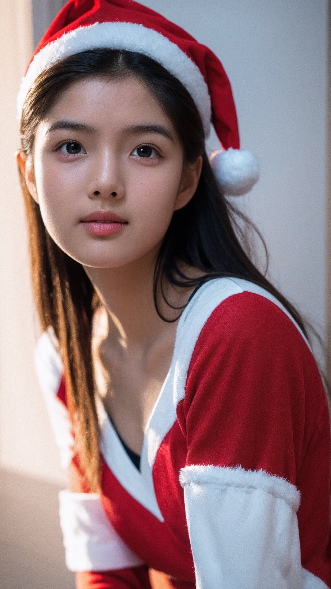 1girl, young girl, teen female, soft light, rim light, film grain, beautiful shadow, low key, (photorealistic, raw photo:1.2), (natural skin texture, realistic eye and face details), hyperrealism, ultra high res, 4K, Best quality, masterpiece, christmas hat, santa outfit, looking at viewer, long black hair, realistic, full body