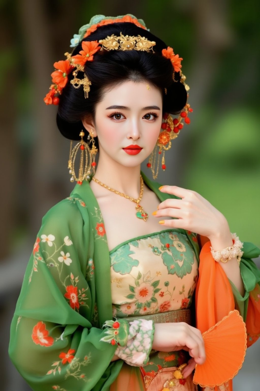 The image is a portrait of a young woman dressed in traditional Chinese clothing. She is wearing a green and orange kimono with intricate patterns and designs. Her hair is styled in a high bun with orange flowers and gold accents. She has a pair of gold earrings and a necklace with a pendant. Her makeup is dramatic with dark eyeliner and red lipstick. The background is blurred, but it appears to be an outdoor setting with greenery. The woman is holding a fan in her right hand, which is resting on her shoulder. The overall mood of the image is elegant and regal., alexa