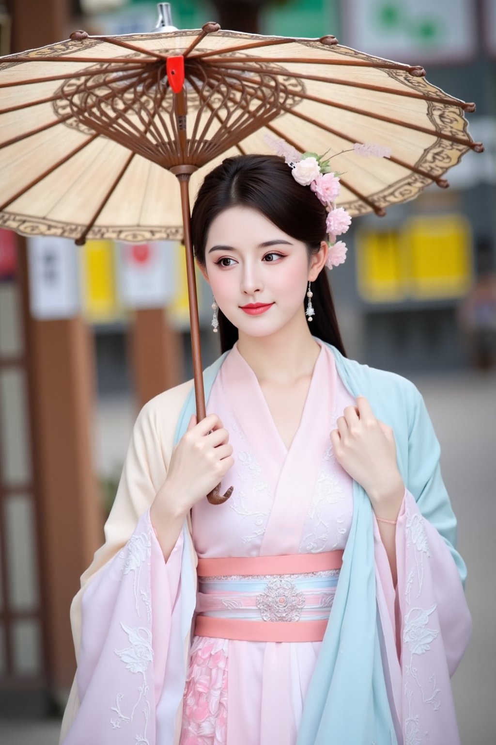 cfairy,
This is a high-resolution photograph capturing a young Asian woman standing outdoors in what appears to be a traditional East Asian setting. She has fair skin and is dressed in a pastel pink, intricately embroidered traditional Chinese robe with a high collar and long sleeves. The robe is adorned with delicate floral patterns and is paired with a matching pink belt. She wears a light blue shawl draped over her shoulders, adding a soft contrast to her attire. Her hair is styled in an elegant updo, adorned with a floral hairpin featuring pink and white blossoms. She holds a large, open parasol above her head, which is decorated with intricate designs and a central red button.

Her makeup is subtle, with a natural tone that highlights her features, and she wears dangling earrings that match the floral theme of her accessories. The background is blurred but suggests an urban setting with wooden structures and yellow signs, possibly indicating a market or street. The overall composition of the image is serene and elegant, emphasizing traditional East Asian aesthetics and culture.