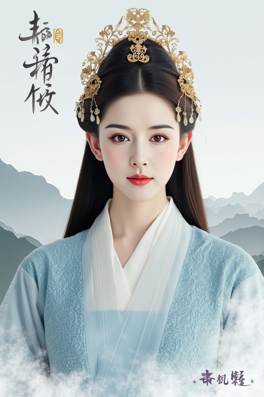 cfairy,
This is a highly detailed, digitally altered photograph featuring a young East Asian woman in traditional Hanfu attire. She has a fair complexion and straight, dark hair styled in a sleek, elegant updo adorned with a golden headdress featuring intricate floral designs. Her makeup is subtle, with a focus on natural tones, and she wears a light pink lipstick. She is dressed in a light blue, textured robe with intricate embroidery, showcasing a blend of traditional and modern fashion elements. 

In the background, a serene landscape of misty, rolling mountains is depicted in soft, muted tones of gray and white, creating a sense of tranquility. To the left side of the image, there is Chinese text in a flowing script, adding to the cultural context. The overall composition is balanced, with the woman occupying the central focus while the background provides a sense of depth and historical setting. The image exudes a mix of traditional and modern aesthetics, blending ancient Hanfu attire with a contemporary digital art style. The artist's signature appears in the bottom right corner.