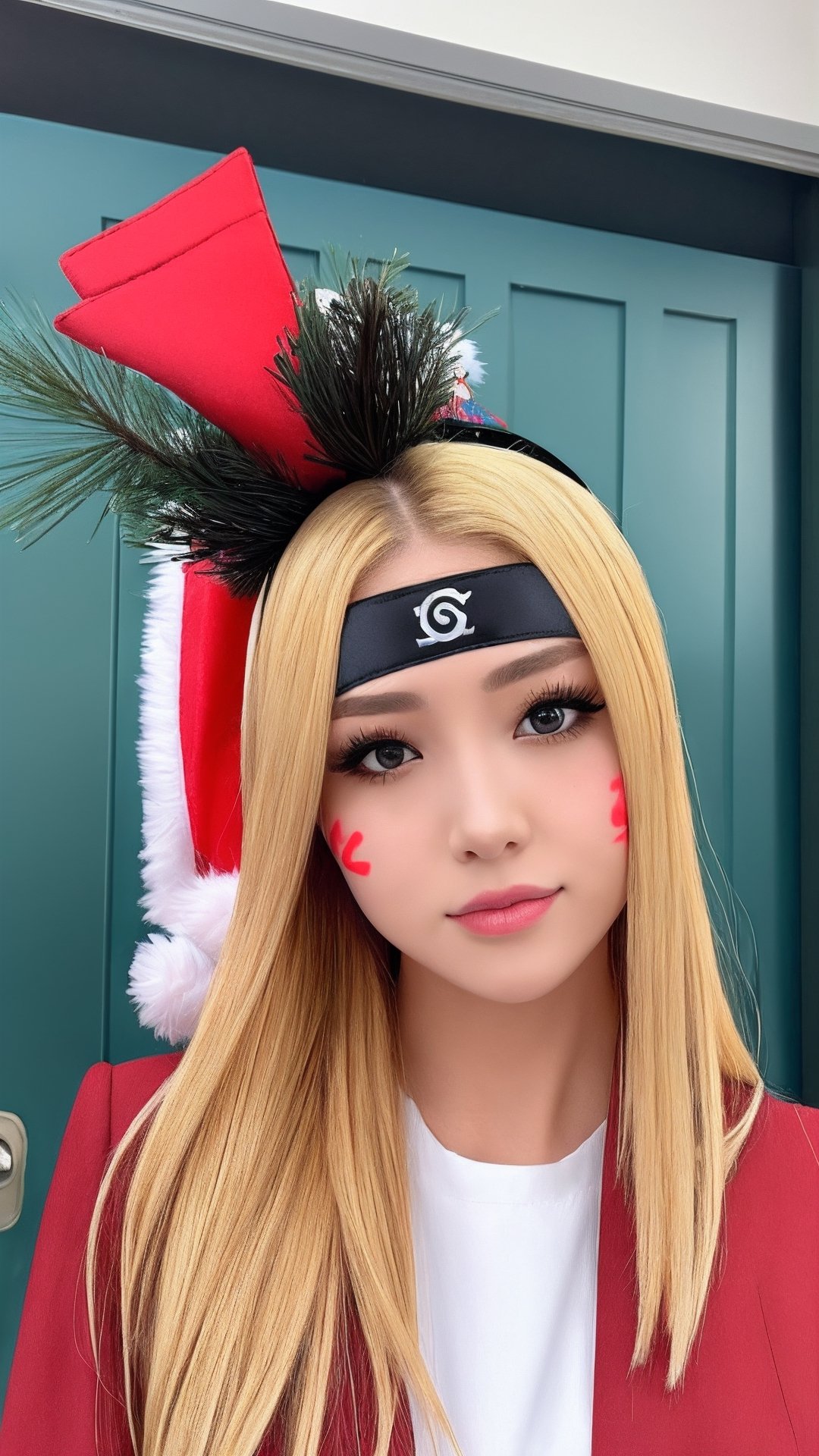 masterpiece,  best quality,  1girl,  solo,  gakuran,  christmas hat, christmas suit, long hair,  Naruto uzumaki,  long blonde hair,  spiked hair , n4rut0, facial mark,  forehead protector,  konohagakure symbol,izumi ran,transgirl