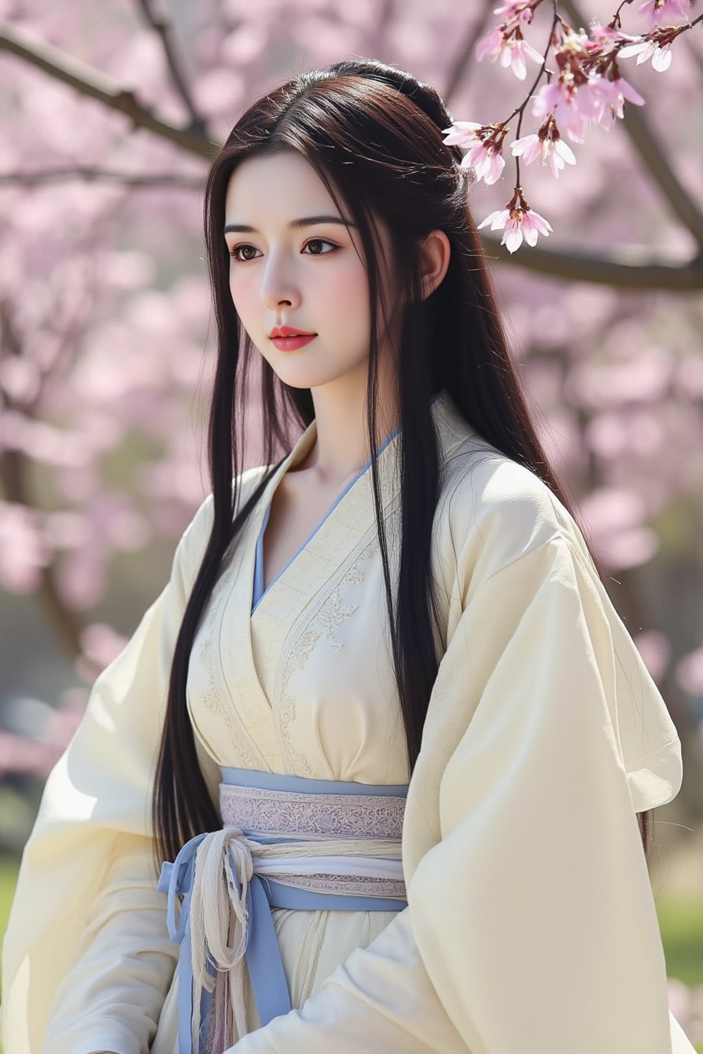 cfairy,
The image is a high-resolution photograph featuring a young East Asian woman with fair skin and long, straight black hair cascading down her shoulders. She has a delicate, oval face with high cheekbones, almond-shaped eyes, and a slight, elegant smile. Her makeup is minimal, highlighting her natural beauty with a touch of pink lipstick and subtle eye shadow.

She is dressed in a traditional Chinese hanfu, a flowing, elegant robe with intricate embroidery. The robe is predominantly cream-colored with delicate floral patterns and blue accents. The sleeves are long and slightly puffy, adding to the ethereal feel of the attire. She wears a blue and white sash tied around her waist, adding a pop of color and texture.

The background is a blurred, natural setting, likely a garden or park, with cherry blossom trees in full bloom. The branches of the trees are adorned with soft pink blossoms, creating a serene and romantic atmosphere. The lighting is soft and natural, casting a gentle glow over the entire scene, enhancing the soft, delicate textures of the hanfu and the delicate petals of the cherry blossoms.

Overall, the image exudes a sense of tranquility and timeless beauty, blending traditional culture with a modern, high-definition photographic style. Aimee. 