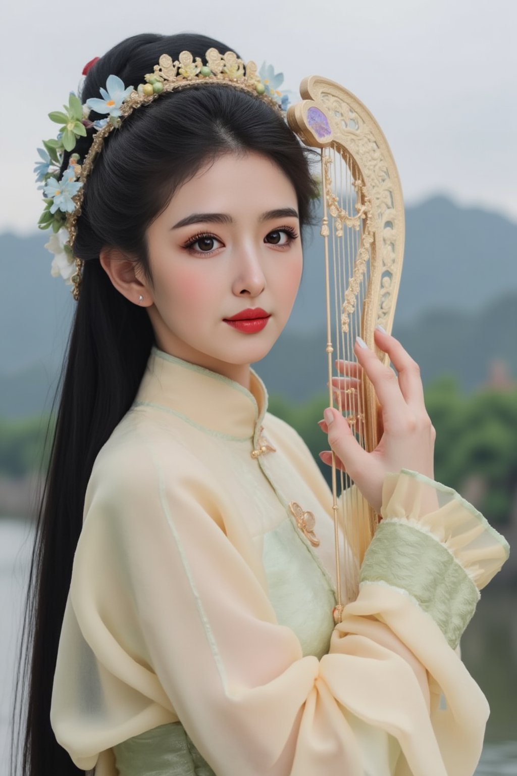 The image is a portrait of a young woman dressed in traditional Chinese clothing. She is holding a harp in her right hand and her left hand is resting on the strings of the harp. The woman has long black hair styled in a half-up, half-down hairstyle with a flower crown on her head. She has a serious expression on her face and is looking directly at the camera. The background is blurred, but it appears to be an outdoor setting with trees and mountains in the distance. The overall mood of the image is peaceful and serene., alexa