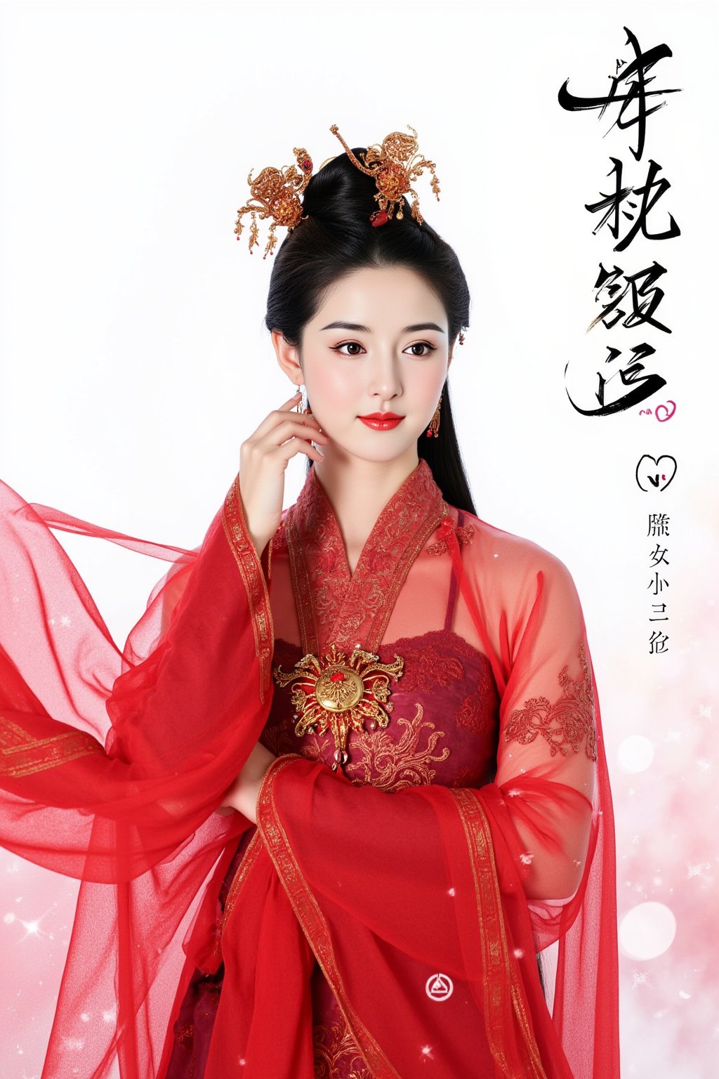 The image is a high-resolution photograph of a young East Asian woman in traditional Chinese attire. She has fair skin, a petite frame, and a serene expression. Her long, straight black hair is styled in a traditional topknot adorned with a decorative hairpin featuring intricate designs in gold and red. The hairpin adds a touch of elegance and cultural significance to her appearance.

She is dressed in a vibrant red traditional Chinese dress, which is richly embroidered with golden patterns. The dress is made of a sheer, flowing fabric that reveals a darker, almost maroon, undergarment beneath. The dress has a high collar and long, flowing sleeves that drape elegantly, adding to the regal look. A small, golden pendant adorns her neckline, adding a touch of personalization to her attire.

The background is a soft, gradient white with subtle, ethereal sparkles that give a magical and otherworldly feel. To the right of the image, there is Chinese text in black, adding to the cultural context. The overall aesthetic of the photograph is highly detailed and polished, capturing the essence of traditional Chinese fashion and culture. Dilireba, cfairy