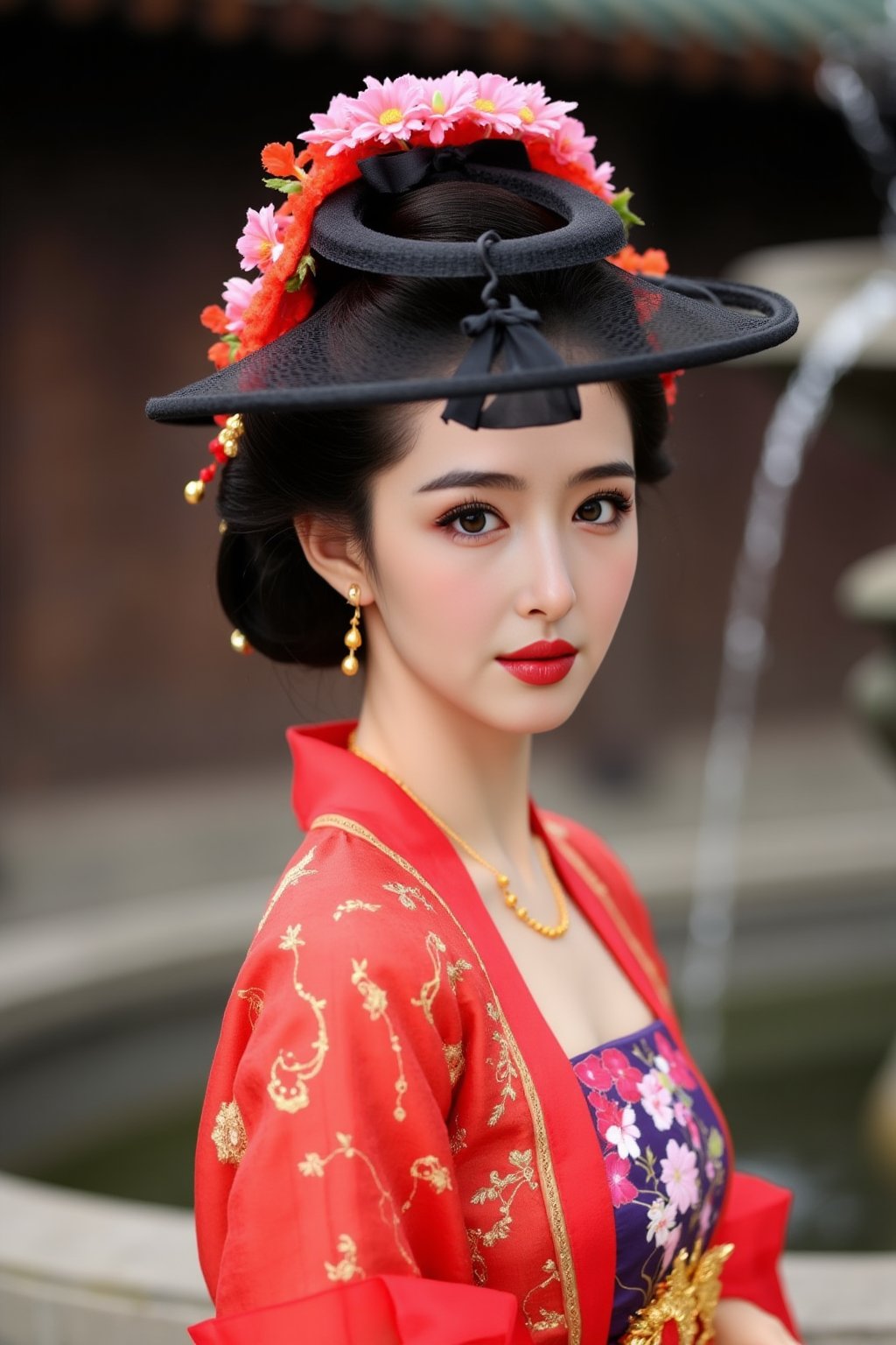 The image is a portrait of a young woman dressed in traditional Chinese clothing. She is wearing a black hat with a large flower crown on top, which is decorated with pink and red flowers. The hat is wide-brimmed and has a black ribbon tied around the brim. The woman is also wearing a red and gold embroidered kimono with gold accents. She has a gold necklace and earrings, and her hair is styled in an updo with loose curls. The background is blurred, but it appears to be an outdoor setting with a stone wall and a fountain. The overall mood of the image is elegant and regal., alexa