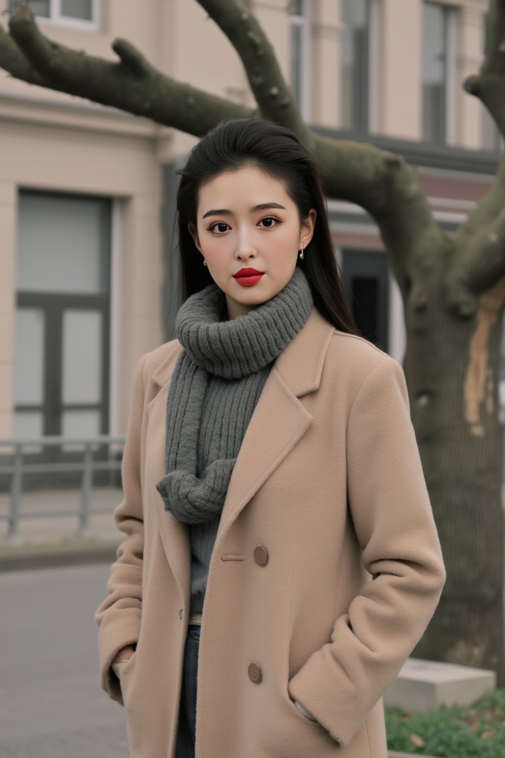 The image is a portrait of a young woman with dark hair and red lipstick. She is standing on a street with a tree and a building in the background. The woman is wearing a beige coat and a gray scarf around her neck. She has a serious expression on her face and is looking directly at the camera. The overall mood of the image is serious and contemplative., alexa