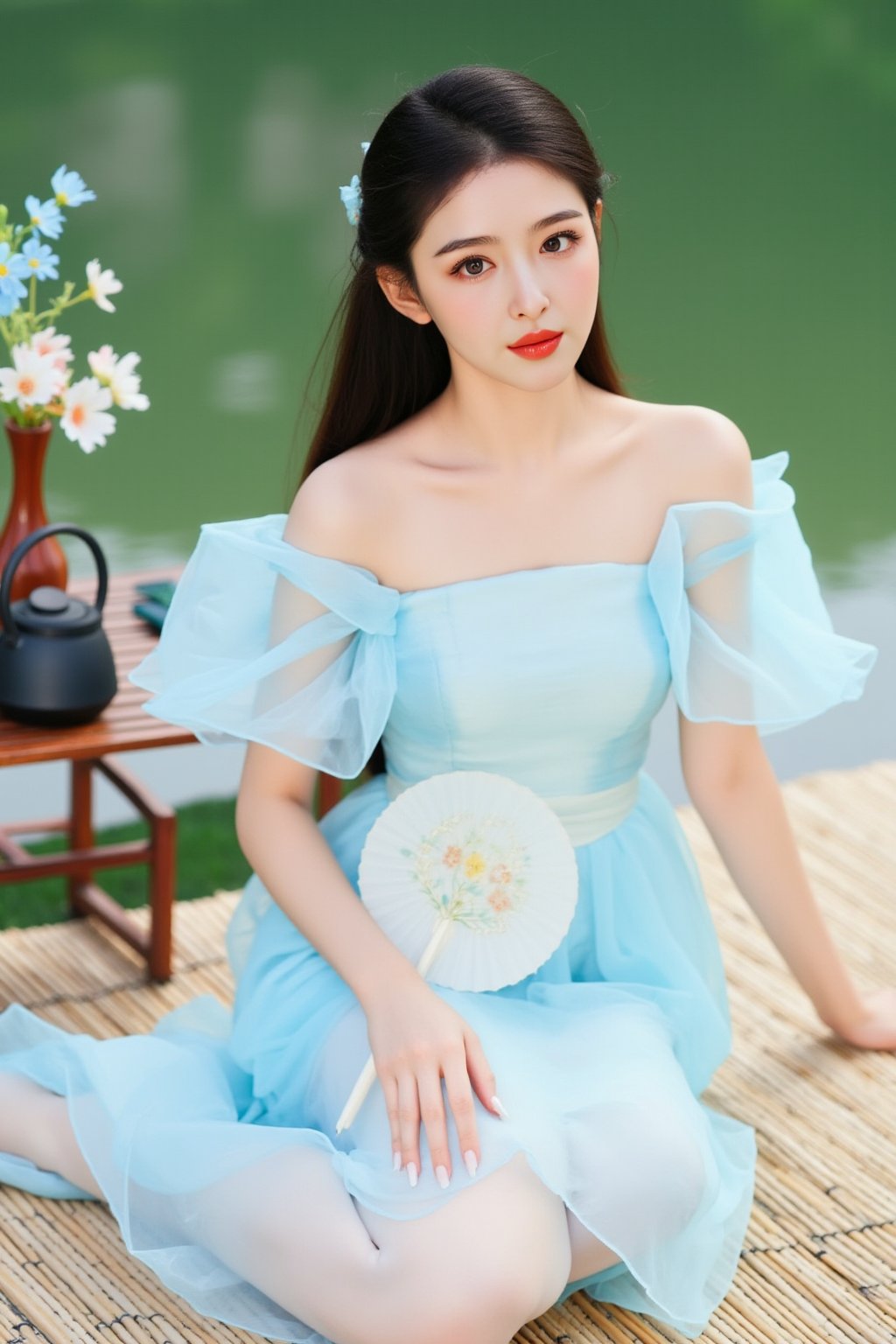 The image is a portrait of a young woman sitting on a bamboo mat next to a body of water. She is wearing a light blue off-the-shoulder dress with a tulle skirt that falls to her knees. She has long dark hair styled in loose waves and is holding a white fan in her right hand. The woman is looking directly at the camera with a serious expression on her face. On the left side of the image, there is a small wooden table with a vase of flowers and a black teapot. The background is blurred, but it appears to be an outdoor setting with greenery., alexa