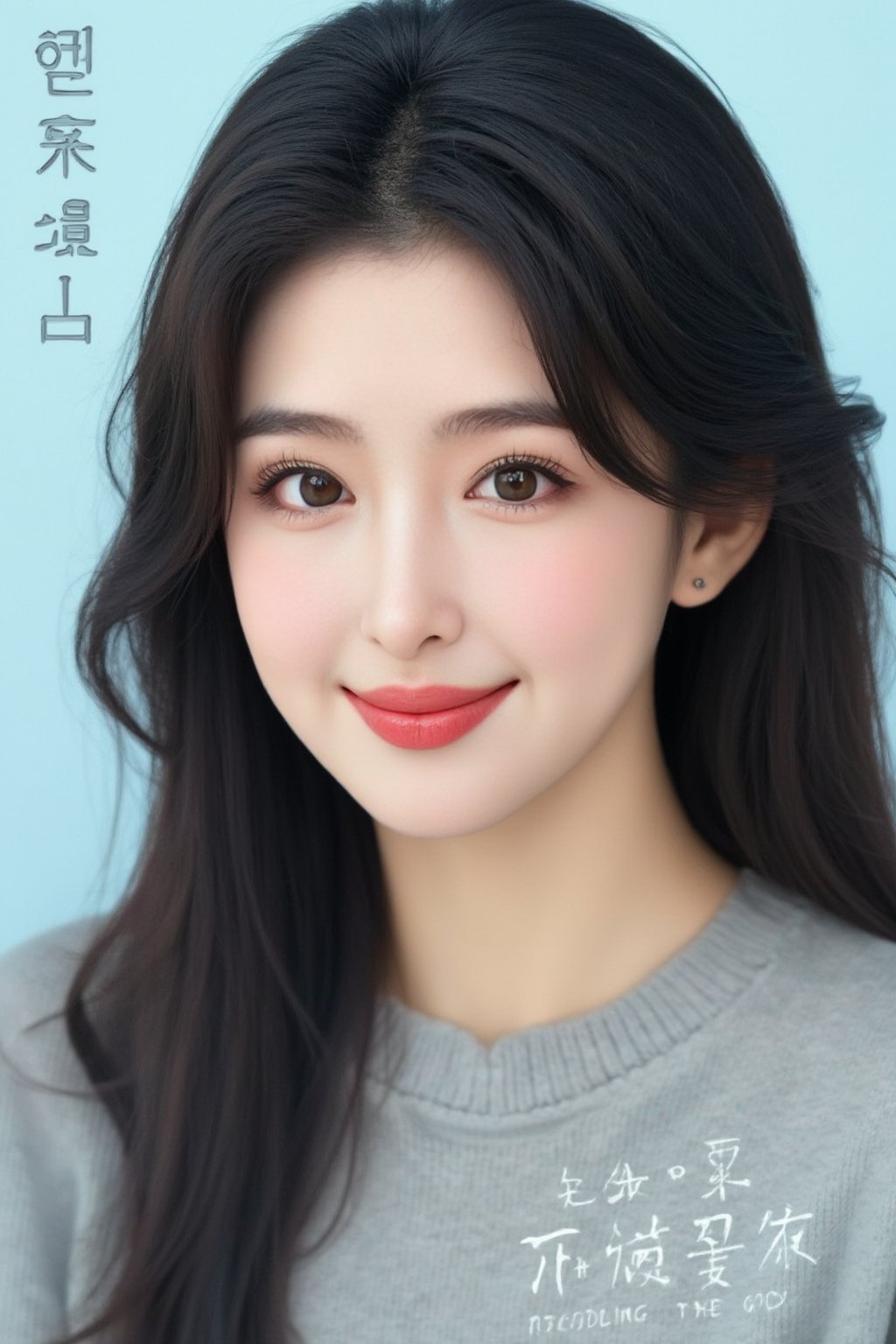 The image is a portrait of a young woman with long dark hair. She is smiling and looking directly at the camera. She has a slight smile on her lips and her hair is styled in loose waves. The background is a light blue color and the woman is wearing a gray sweater. The text on the image reads "Recording the good" in Korean., alexa