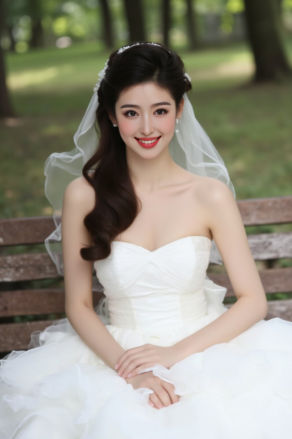 The image is a portrait of a young woman wearing a white wedding dress. She is sitting on a wooden bench with trees in the background. The woman is smiling and looking directly at the camera. She has long dark hair that is styled in loose waves and is wearing a veil that cascades over her head. The dress is strapless and has a sweetheart neckline. The skirt of the dress is made up of multiple layers of white fabric, creating a ruffled effect. The overall mood of the image is romantic and dreamy., alexa