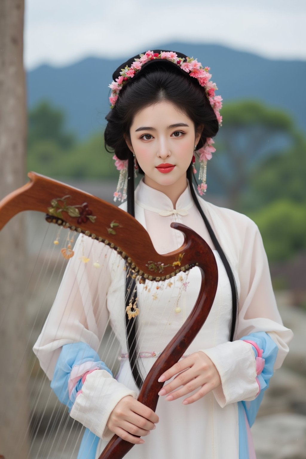 The image is a portrait of a young woman dressed in traditional Chinese clothing. She is holding a harp in her right hand and her left hand is resting on the strings of the harp. The woman has long black hair styled in a half-up, half-down hairstyle with a flower crown on her head. She has a serious expression on her face and is looking directly at the camera. The background is blurred, but it appears to be an outdoor setting with trees and mountains in the distance. The overall mood of the image is peaceful and serene., alexa