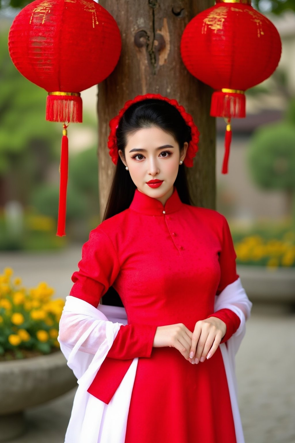 The image is a portrait of a young woman wearing a traditional Chinese dress. She is standing in front of a tree trunk with two red lanterns hanging from it. The woman is wearing a long red dress with a high neckline and long sleeves, and a white shawl draped over her shoulders. She has long dark hair styled in a half-up, half-down hairstyle with a red flower in her hair. Her makeup is done in a bold red lipstick and she is looking directly at the camera with a serious expression. The background is blurred, but it appears to be a garden or park with greenery and yellow flowers. The overall mood of the image is elegant and traditional., alexa