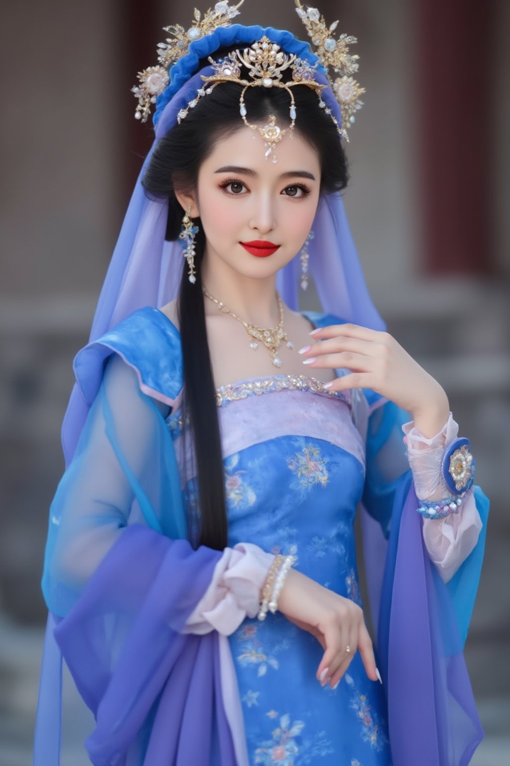 The image is a portrait of a young woman dressed in traditional Chinese clothing. She is wearing a blue and purple outfit with a long veil covering her head and shoulders. Her hair is styled in a half-up, half-down look with a headpiece made of gold and jewels. She has long dark hair and is wearing red lipstick. The woman is posing with one hand on her hip and the other resting on her chest. The background is blurred, but it appears to be an outdoor setting with a building visible in the distance. The overall mood of the image is elegant and regal., alexa