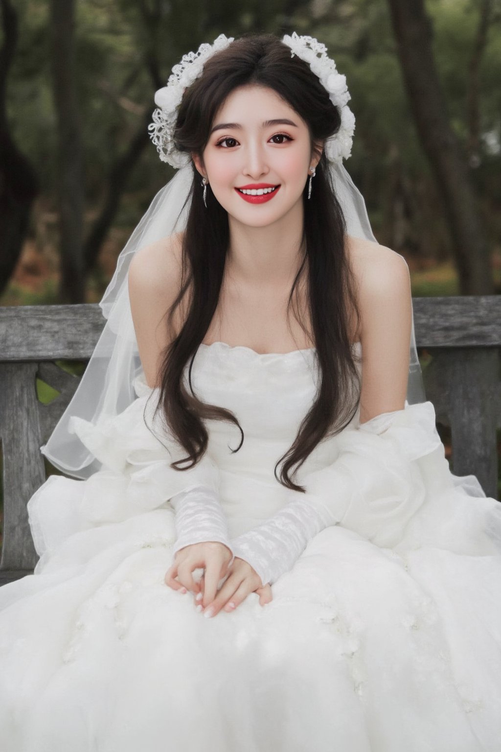 The image is a portrait of a young woman wearing a white wedding dress. She is sitting on a wooden bench with trees in the background. The woman is smiling and looking directly at the camera. She has long dark hair that is styled in loose waves and is wearing a veil that cascades over her head. The dress is strapless and has a sweetheart neckline. The skirt of the dress is made up of multiple layers of white fabric, creating a ruffled effect. The overall mood of the image is romantic and dreamy., alexa