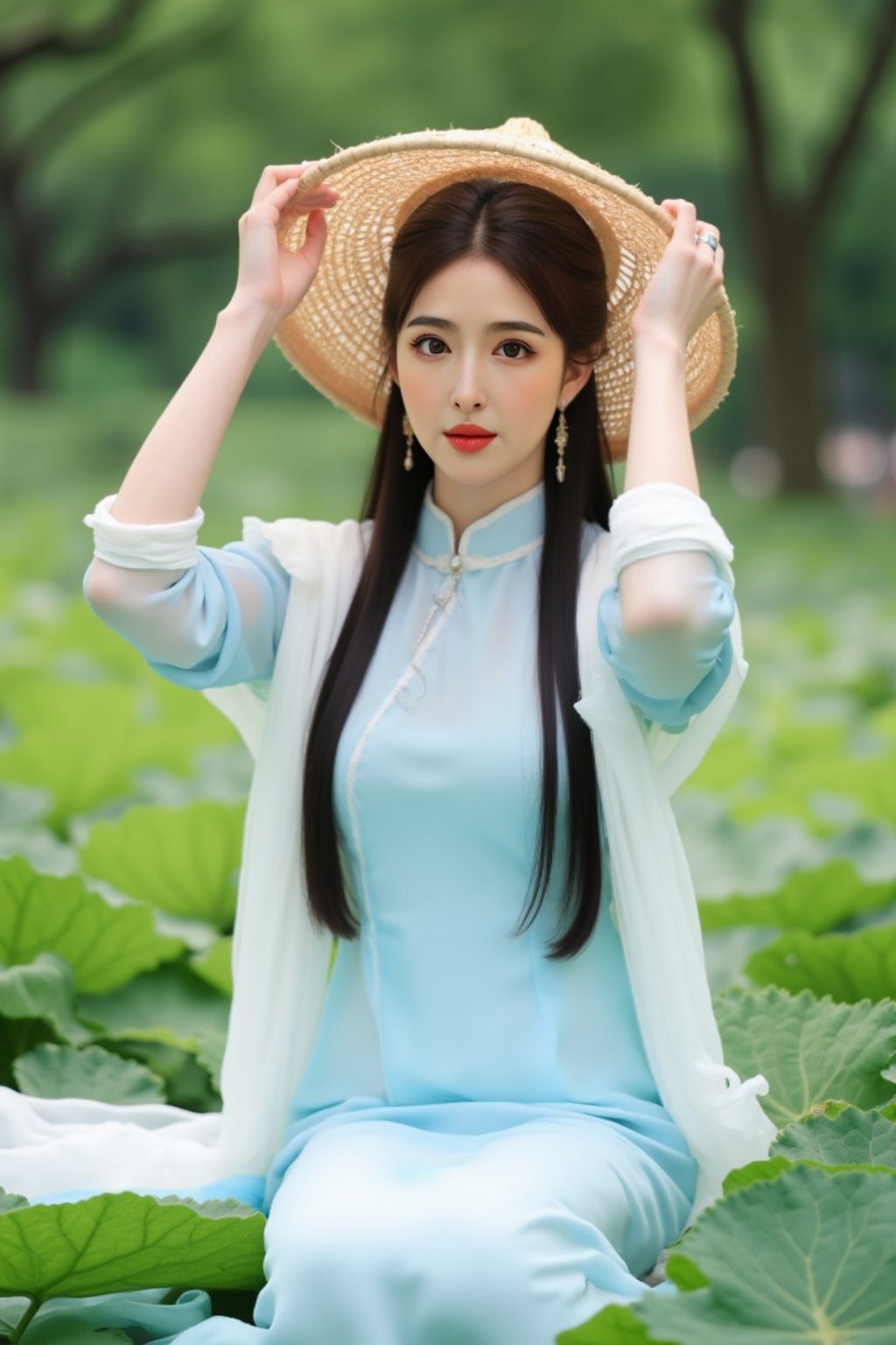 The image is a portrait of a young woman wearing a traditional Chinese dress and a straw hat. She is sitting on a bed of green leaves and is holding the hat above her head with both hands. The woman has long dark hair and is wearing a light blue dress with a white shawl draped over her shoulders. She has a serious expression on her face and is looking directly at the camera. The background is blurred, but it appears to be an outdoor setting with trees and greenery. The overall mood of the image is peaceful and serene., alexa