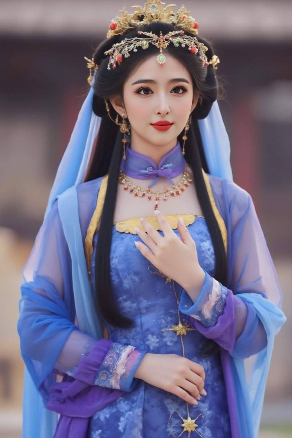 The image is a portrait of a young woman dressed in traditional Chinese clothing. She is wearing a blue and purple outfit with a long veil covering her head and shoulders. Her hair is styled in a half-up, half-down look with a headpiece made of gold and jewels. She has long dark hair and is wearing red lipstick. The woman is posing with one hand on her hip and the other resting on her chest. The background is blurred, but it appears to be an outdoor setting with a building visible in the distance. The overall mood of the image is elegant and regal., alexa