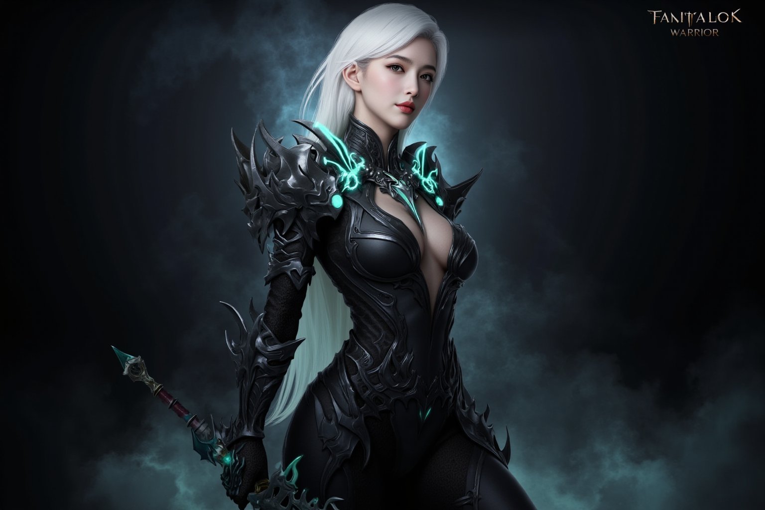 This is a highly detailed digital artwork depicting a fantasy warrior with an ethereal, almost otherworldly appearance. The subject is a beautiful, slender woman with long, flowing white hair that cascades down her back, blending seamlessly with the dark, smoky background. Her skin is pale, almost translucent, giving him a ghostly aura. He wears a dark, form-fitting suit of armor that is intricately designed with sharp, angular elements and glowing turquoise accents, particularly around the shoulders and waist. The armor is layered and textured, with intricate patterns and etchings that catch the light, creating a sense of depth and detail. 

The warrior's expression is intense and focused, with sharp, angular features and piercing eyes that seem to look beyond the frame. In his right hand, he holds a large, ornate sword with a turquoise hilt, which matches the color of the armor accents. The background is dark and smoky, with subtle, ethereal blue hues that blend into the figure, enhancing the otherworldly feel. The overall color palette is predominantly dark grays and blues, with the turquoise accents adding a striking contrast. The image is highly detailed, with a focus on texture and light, creating a dramatic and immersive fantasy scene.