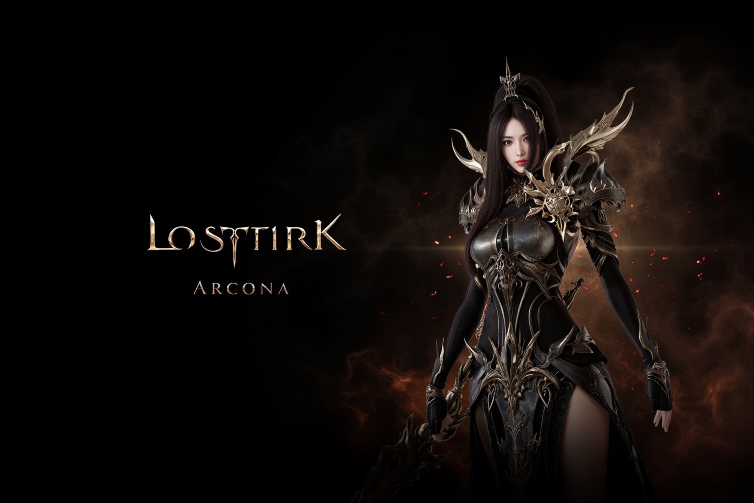 This is a digital artwork featuring a female character named Lostark, as indicated by the text at the bottom of the image. Lostark is depicted in a dramatic, dark fantasy style, with a focus on intricate armor and a mystical, otherworldly atmosphere. She has long, flowing black hair and pale skin, with a serious, almost stern expression. Her eyes are sharp and piercing, adding to her commanding presence.

Lostark is adorned in a complex, black and gold armor that covers her entire body, with ornate, spiked shoulder pads and a high-collared chest piece. The armor has a metallic sheen and is detailed with intricate patterns and sharp edges, giving it a futuristic yet medieval feel. Her hands are adorned with black gauntlets, and she holds a sword or staff in her right hand, which is slightly outstretched.

The background is dark and smoky, with floating embers and a subtle glow that adds to the mystical ambiance. The left side of the image is dominated by the character, while the right side fades into a dark, almost ethereal mist. The text "Lostark" is prominently displayed at the bottom center, with the word "Arcona" underneath it, indicating the game or series associated with the character.