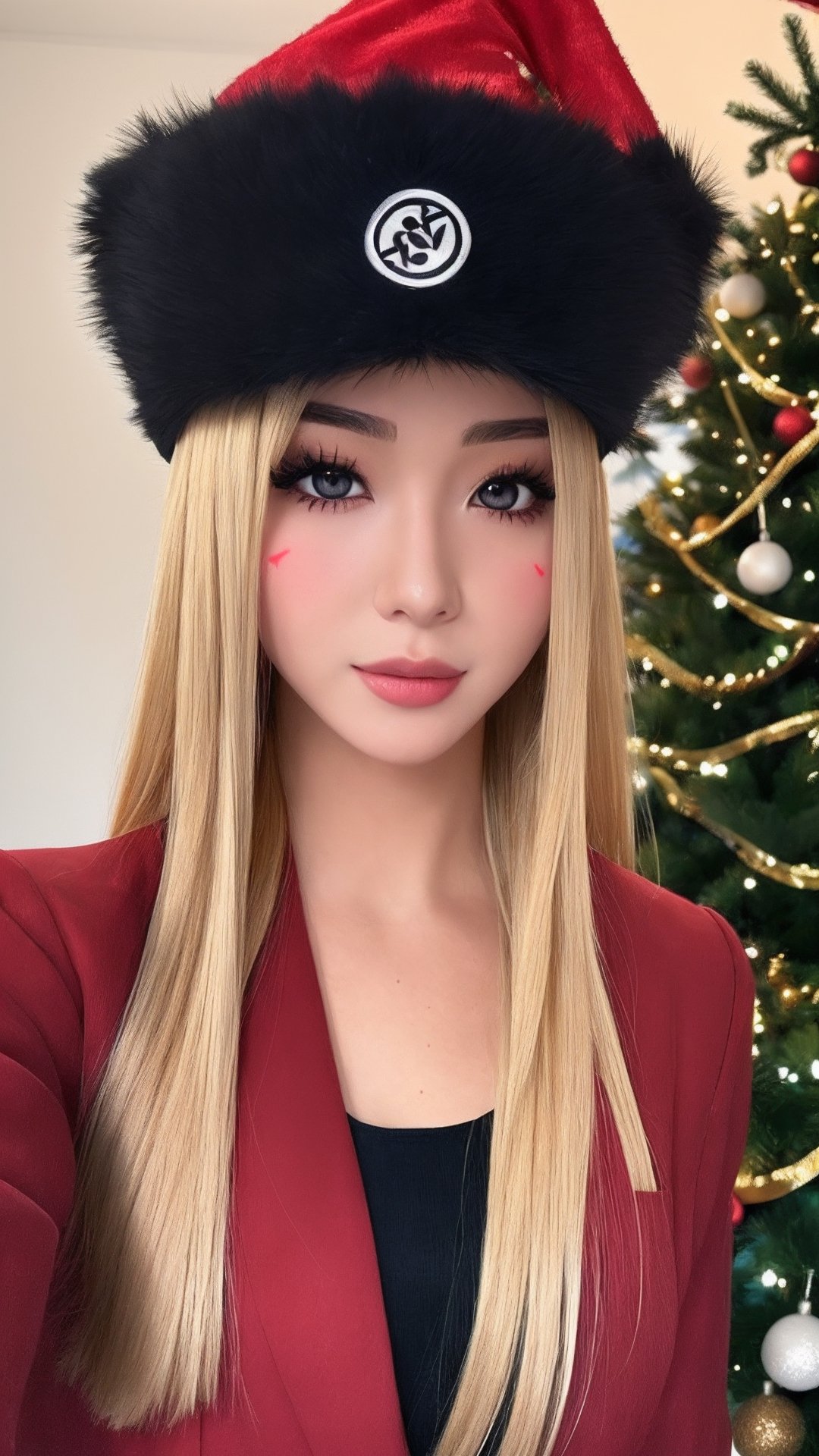 masterpiece,  best quality,  1girl,  solo,  gakuran,  christmas hat, christmas suit, long hair,  Naruto uzumaki,  long blonde hair,  spiked hair , n4rut0, facial mark,  forehead protector,  konohagakure symbol,izumi ran,transgirl