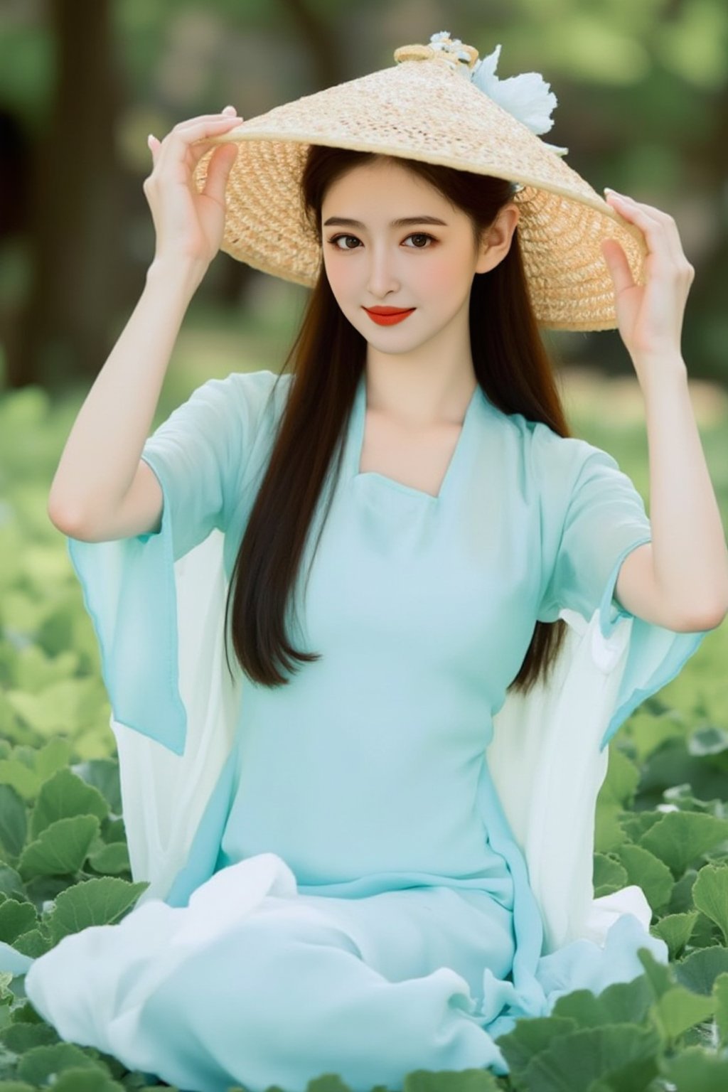 The image is a portrait of a young woman wearing a traditional Chinese dress and a straw hat. She is sitting on a bed of green leaves and is holding the hat above her head with both hands. The woman has long dark hair and is wearing a light blue dress with a white shawl draped over her shoulders. She has a serious expression on her face and is looking directly at the camera. The background is blurred, but it appears to be an outdoor setting with trees and greenery. The overall mood of the image is peaceful and serene., alexa