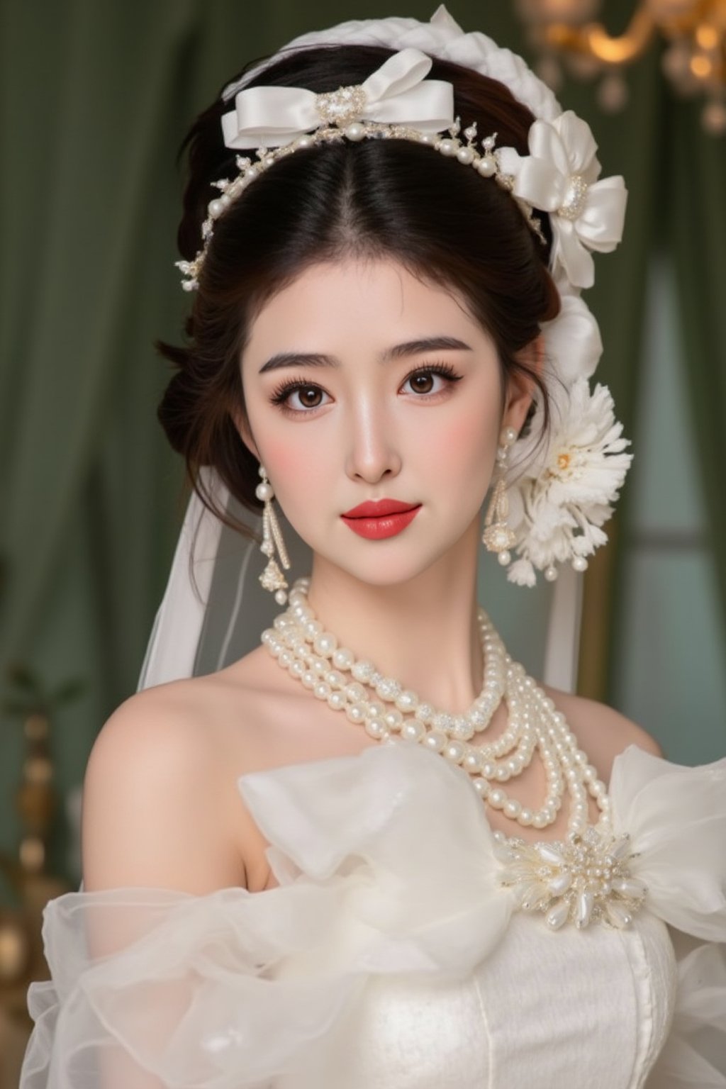 The image is a portrait of a young woman wearing a white wedding dress. She has a large white flower in her hair, which is styled in an elegant updo with a large bow on top. The woman is wearing multiple layers of pearl necklaces and earrings, and her hair is styled with loose curls. She is looking directly at the camera with a serious expression on her face. The background is blurred, but it appears to be a room with green curtains and a chandelier. The overall mood of the image is elegant and sophisticated., alexa