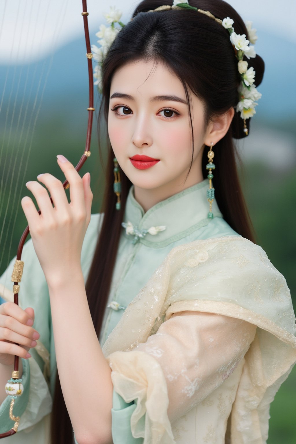 The image is a portrait of a young woman dressed in traditional Chinese clothing. She is holding a harp in her right hand and her left hand is resting on the strings of the harp. The woman has long black hair styled in a half-up, half-down hairstyle with a flower crown on her head. She has a serious expression on her face and is looking directly at the camera. The background is blurred, but it appears to be an outdoor setting with trees and mountains in the distance. The overall mood of the image is peaceful and serene., alexa