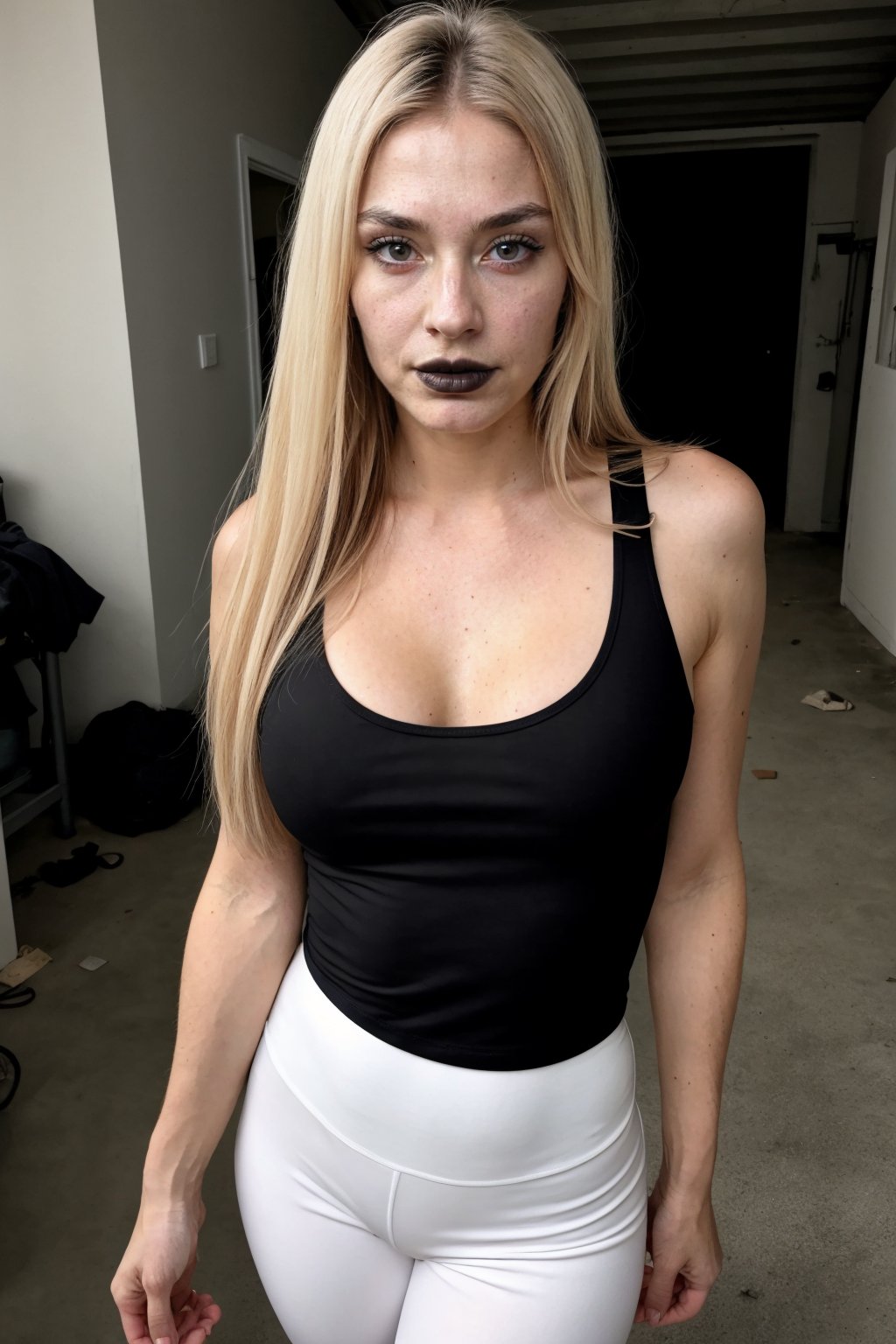 sluty 50  years old witch, old face, glittery eyes, blonde straight hair, looking_at_viewer, perfect eyes, perfect skin (((white))), detailed skin, black sexy tshirt, yoga pants,Inside in a desolate abandoned basement background,Read description!