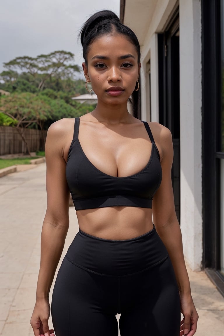 40 year old african milf ((ebony)), ((black_skin)), black_hair (((ponytail))), uganda, ultra_realistic, perfect breast (((visible tits))),Detailedface,(african_village_in_the_background),,black yoga pants (((black tight yoga pants))) (((tight))),hannaaqeela ((( huge eyes))), (((front view))),sexy pink tank top (((tight))), front view,she look at viewer from front,cleavage,perfect hips