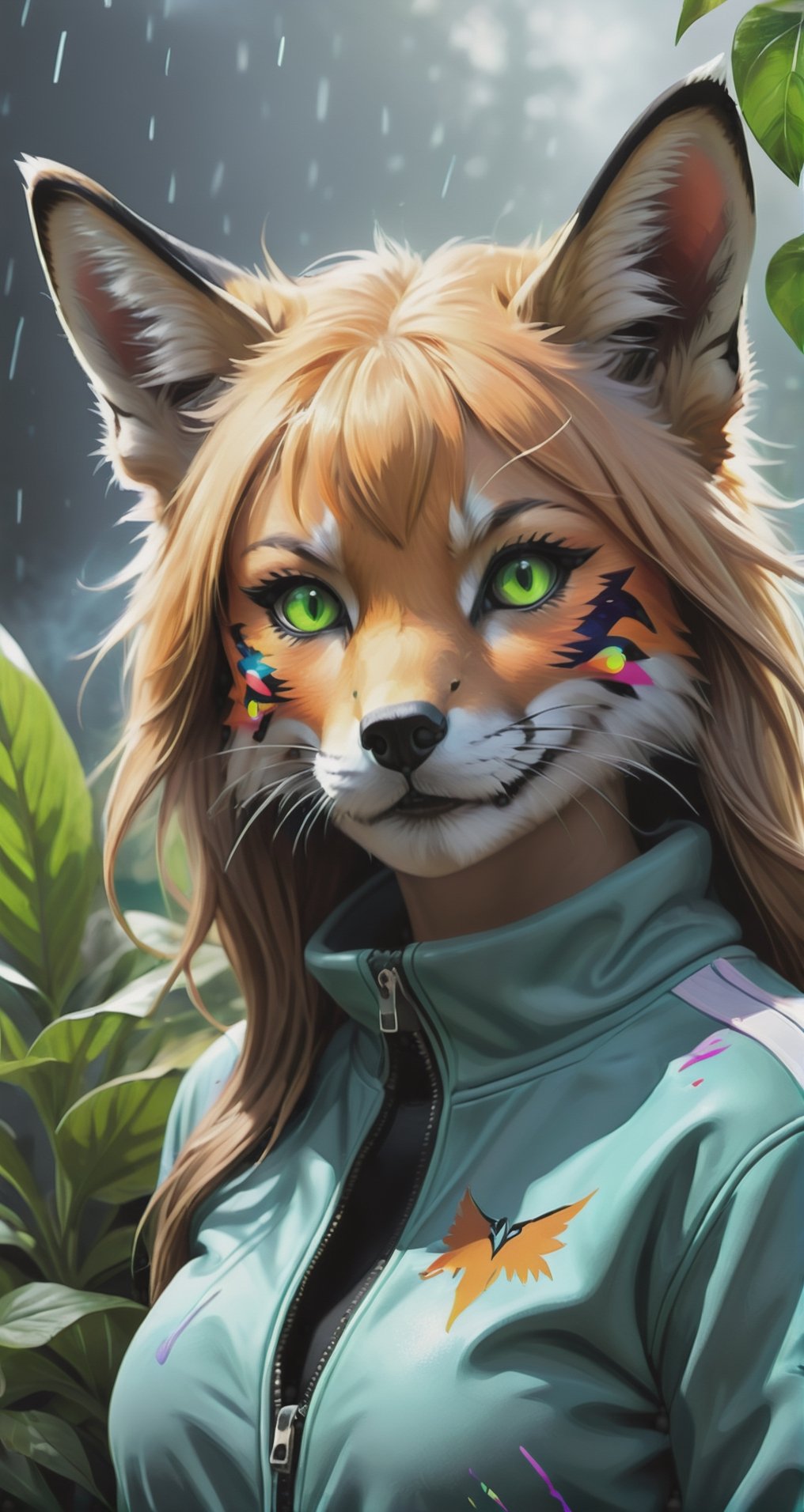 (masterpiece:1.1), (highest quality:1.1), (HDR:1.0), extreme quality, cg, (negative space), detailed face+eyes, 1girl, fox ears, animal ear fluff, (plants:1.18), (fractal art), (bright colors), splashes of color background, jacket, turtleneck sweater,  colors mashing, paint splatter, complimentary colors, neon, (thunder tiger), compassionate, electric, limited palette, synthwave, fine art, tan skin, upper body, (green and orange:1.2), time stop, sy3, SMM