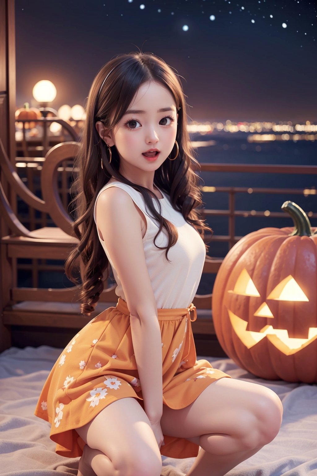 ((Fujifilm))((best quality)), ((masterpiece)), ((best quality)), Arctic hair, long curly hair, Arctic eyes, open mouth, Arctic pumpkin dress, catwalk pose, night sky, pumpkin, fully body,1 girl,yuzu,More Detail,perfect, NSFW, show panties, up skirt,squats 